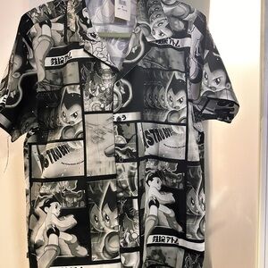 NWT mens astro boy ss poly button shirt M all over panels gray black